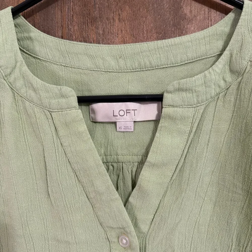 LOFT Womens Blouse Green Cap Sleeve Button Down V Neck Linen Blend XS